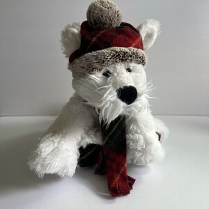 Gentle Treasures White Plush Dog St Jude Mae Terrier Scotty 12" Plaid Hat Scarf